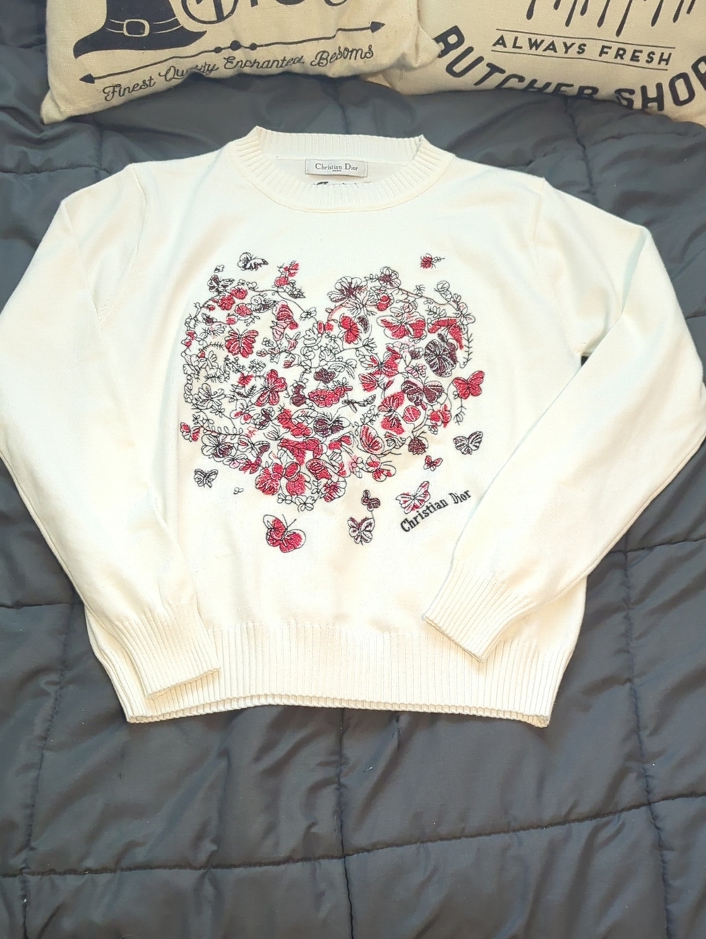 Authentic Christian Dior White Sweater with Red Butterfly Heart Motif Embroider